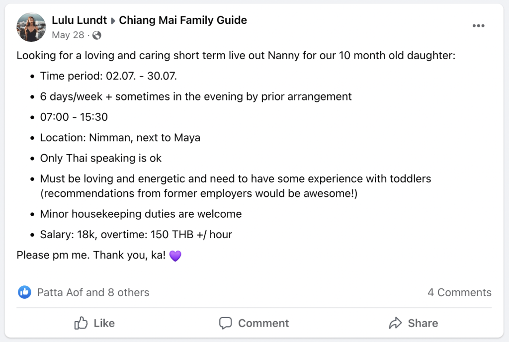 Facebook post in which the author was searching for a nanny in Thailand.