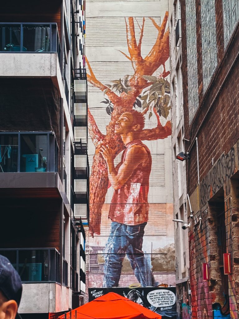 Streetart in Melbourne, a young man carrying a tree.