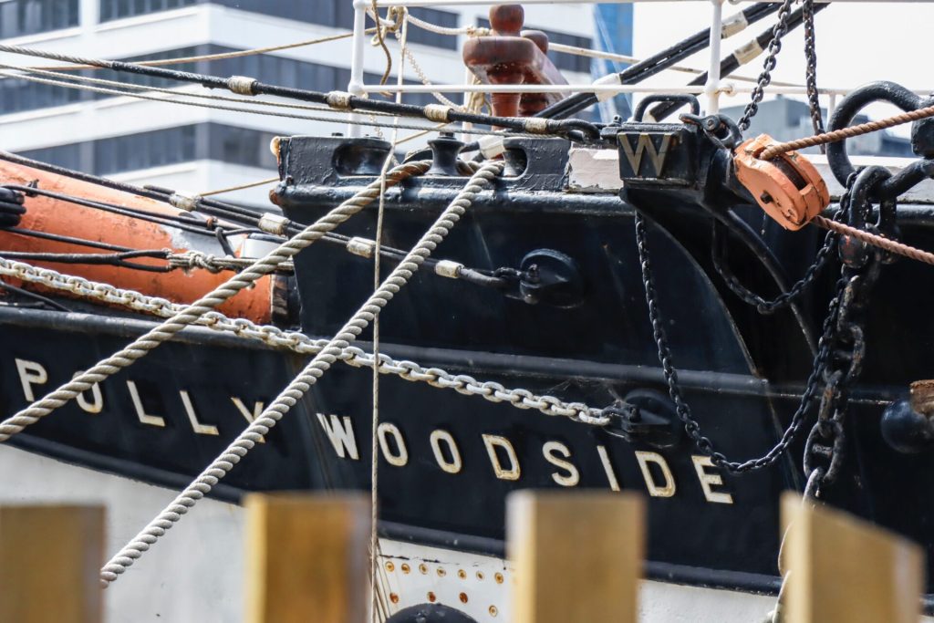 Detailshot of Vessel Polly Woodside and its name sign.