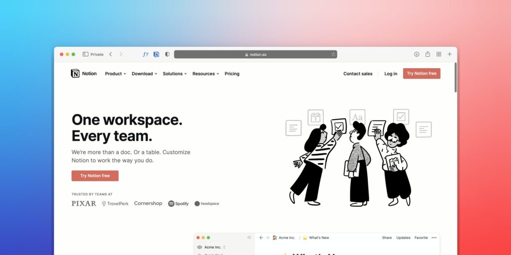 Screenshot of the platform Notion showing the words "One workspace. Every team"