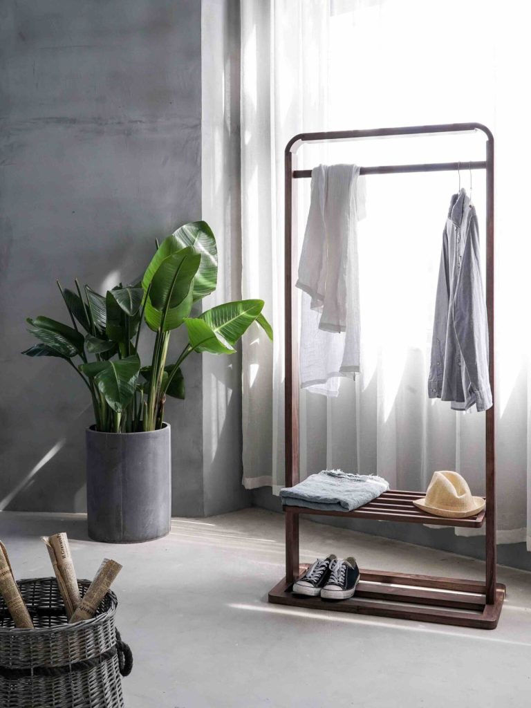 A minimalistic closet in a grey room with a plant next to it.