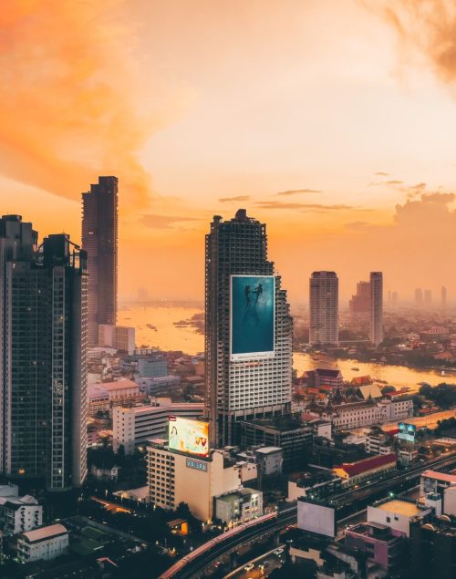 Skyline of Bangkok in Thailand at sunset time