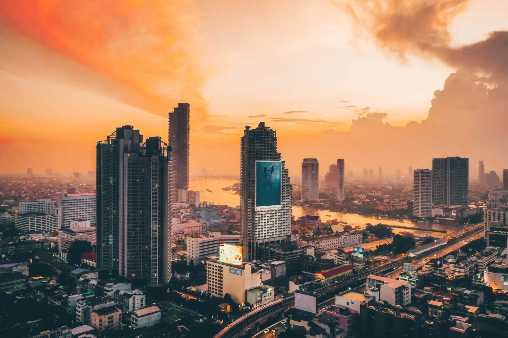 Skyline of Bangkok in Thailand at sunset time.