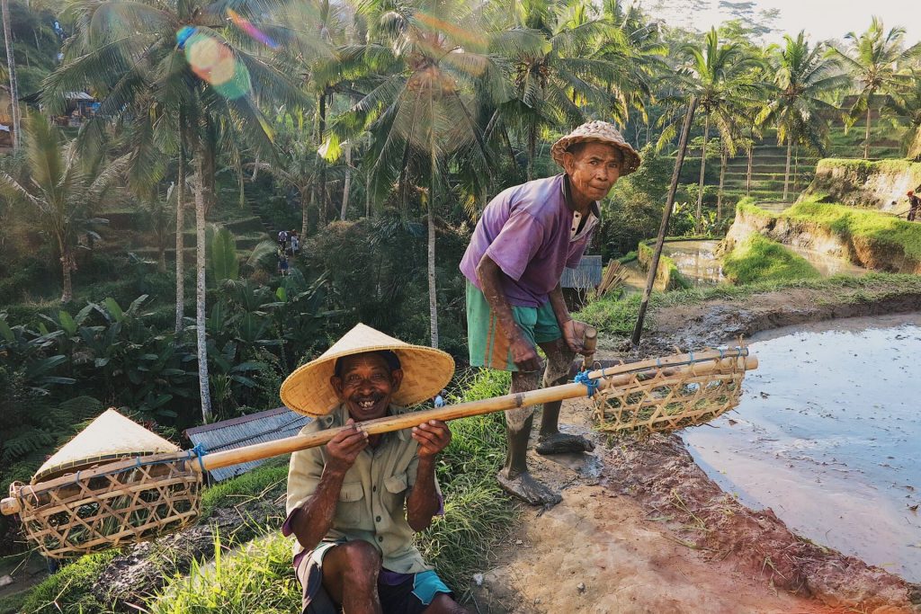 Two farmers on a rice field in Ubud smiling in the camera Monthly Costs in Ubud