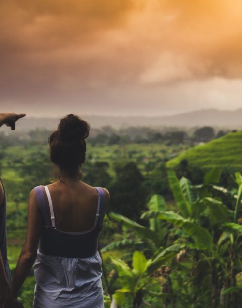 young couple from behind standing in front of a green valley in Bali, he is pointing to something far away