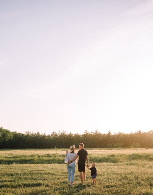 Family of three from behind, walking on a field of gras.