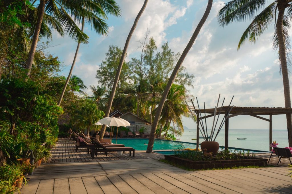 Hotelpool with sunbeds and palm trees in the background