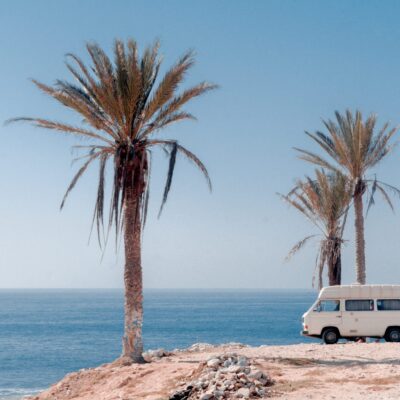 A white campervan standing on a cliff. Sea in the background, two palm trees. This symbolises Freedom.