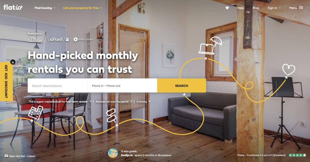 Homepage of Flatio, platform to find digital nomad accommodation