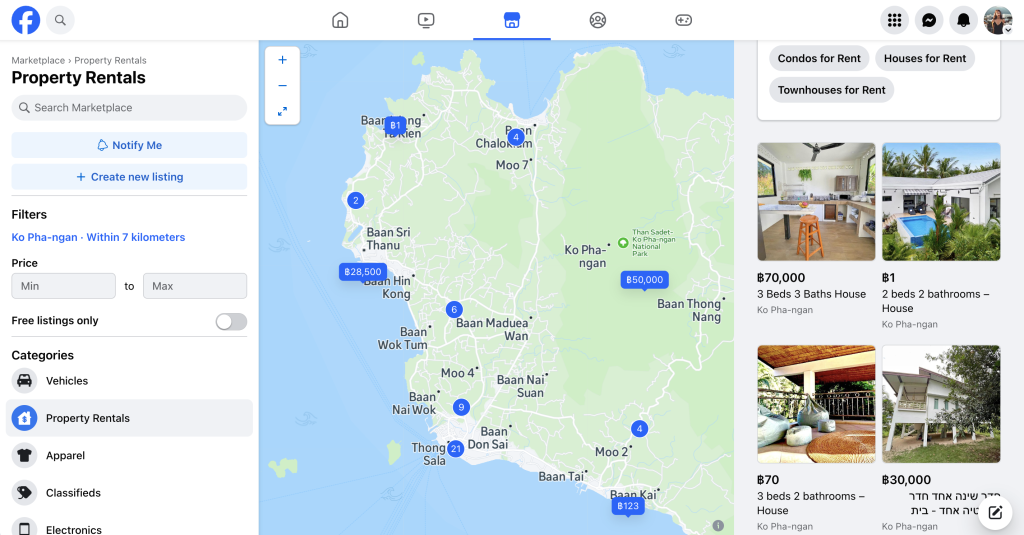 Facebook Marketplace Homepage, finding digital nomad accommodation