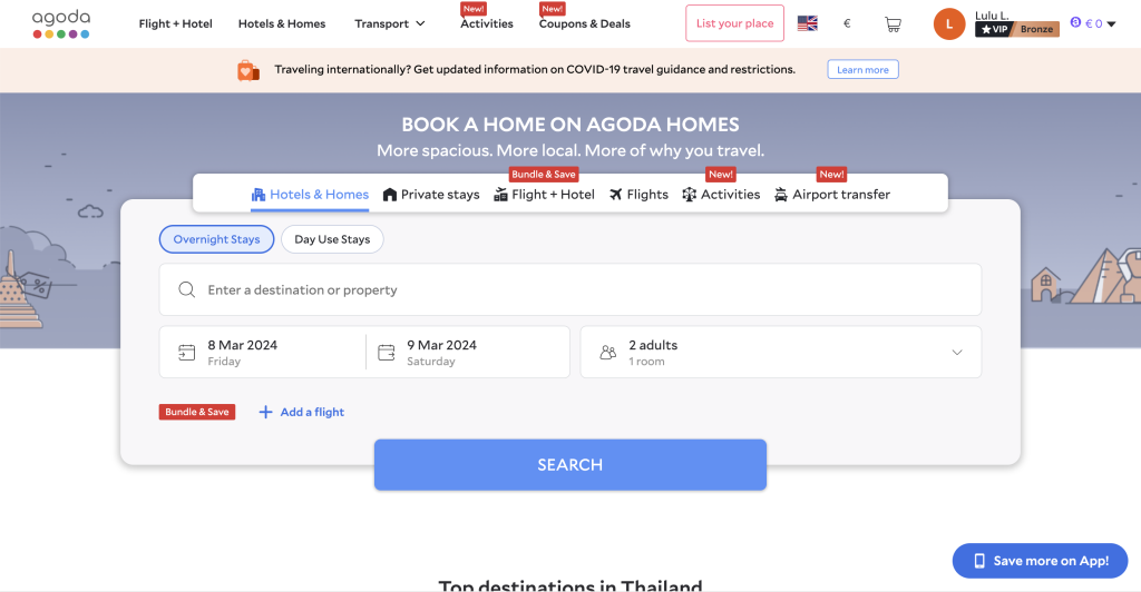 Screenshot of Agoda platform, digital nomad accommodation platform