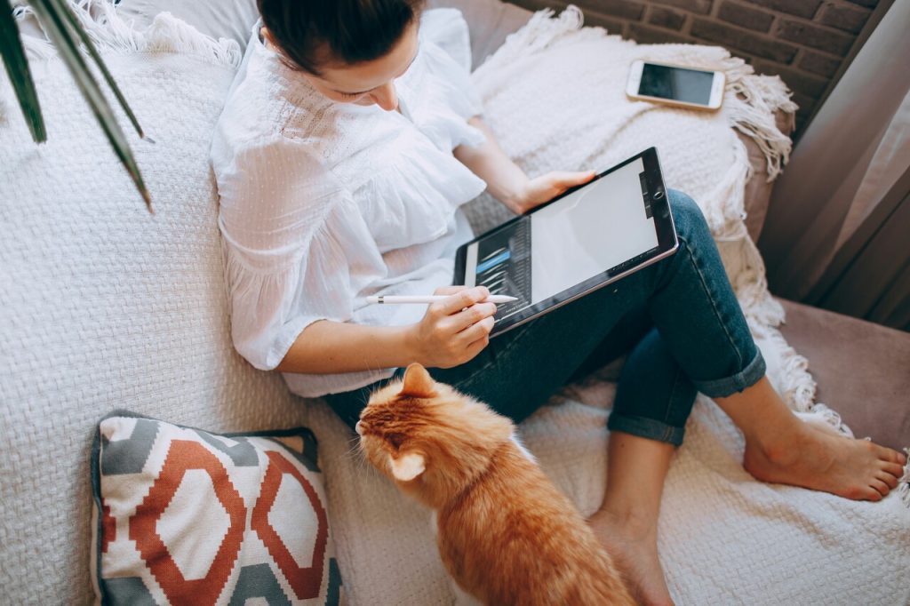 Woman working on laptop in bed with red cat next to her, remote work-from-home jobs