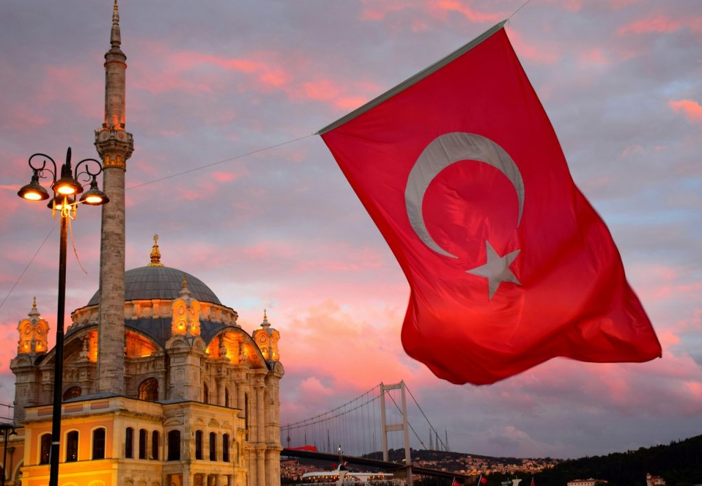 The Turkish flag waves in the foreground, with the majestic Ortaköy Mosque and the iconic Bosphorus Bridge gracing the background