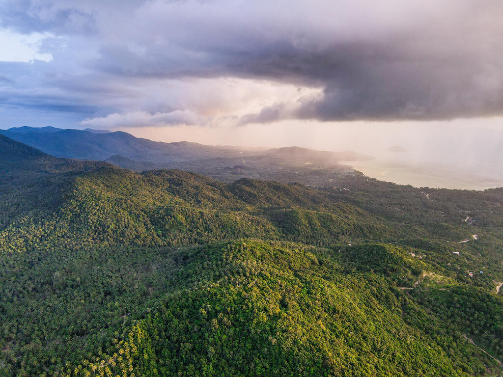 Drone shot of koh phangan, green hills