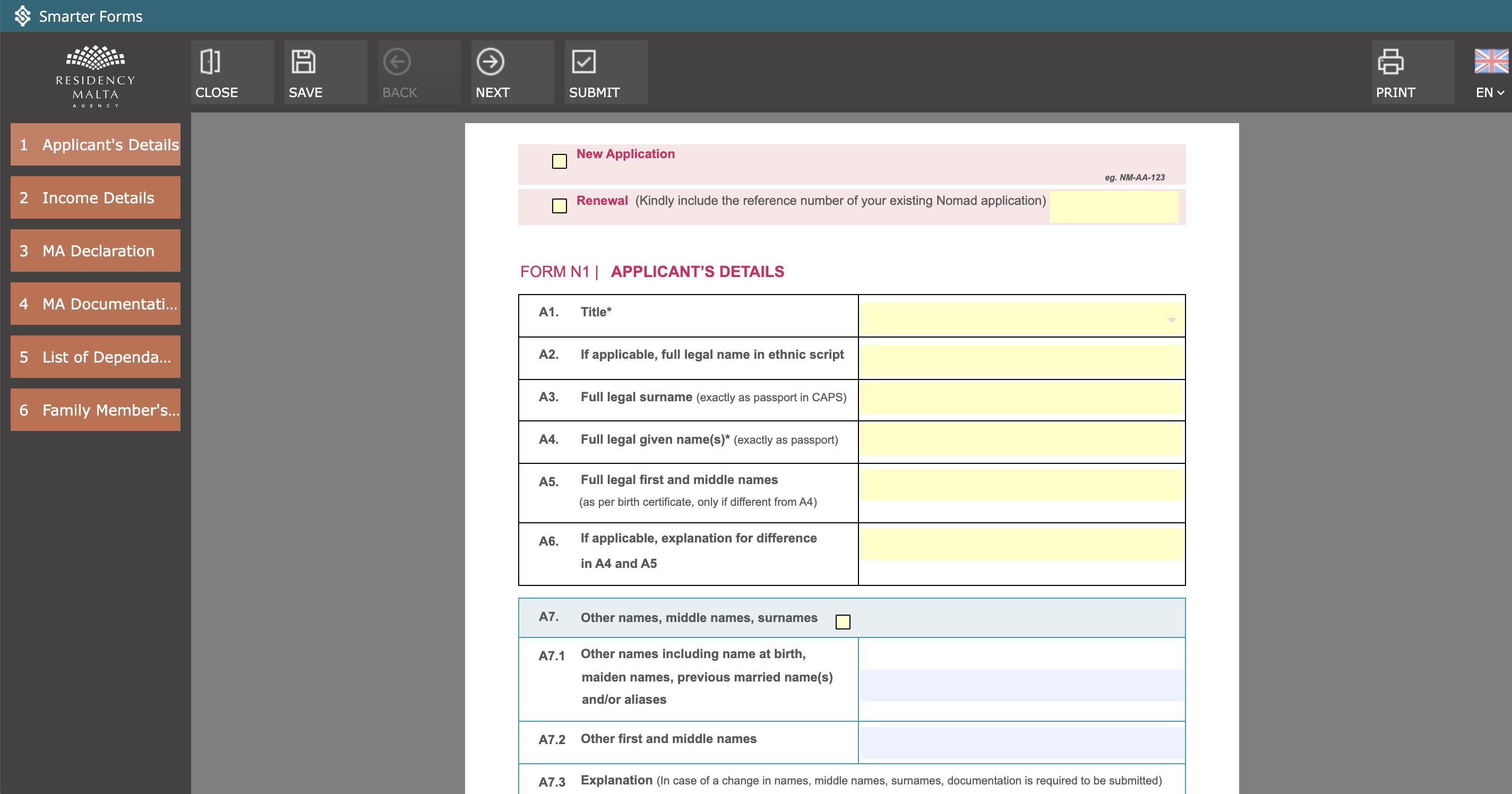 Screenshot of online form for applying for the malta nomad residence permit, Malta digital nomad visa costs