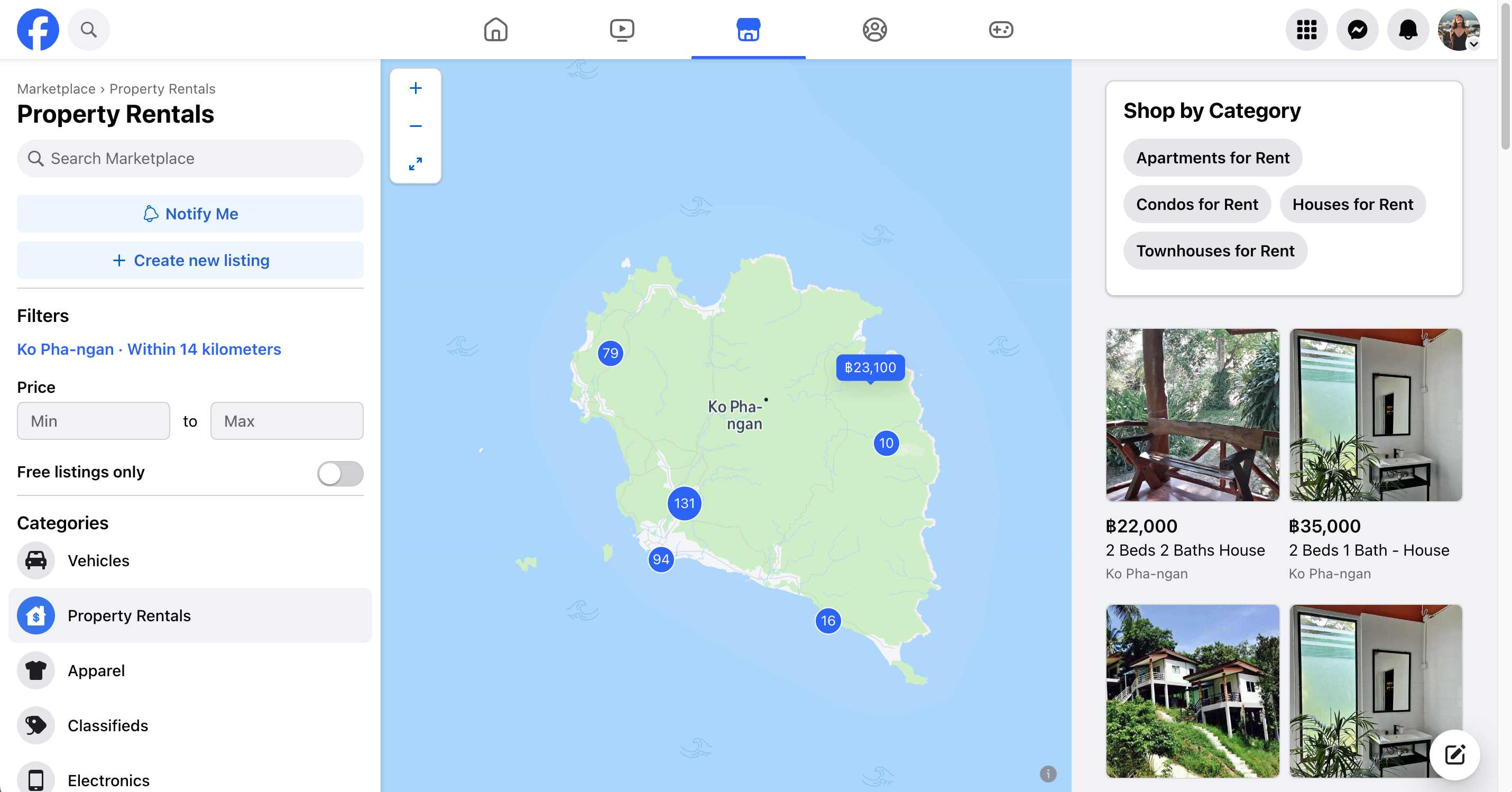 screenshot of facebook marketplace showing the map of koh phangan and different housing offers, koh phangan cost of living 2024