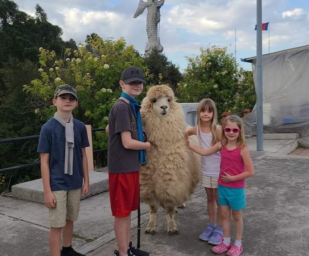 Four kids standing next to a Lama