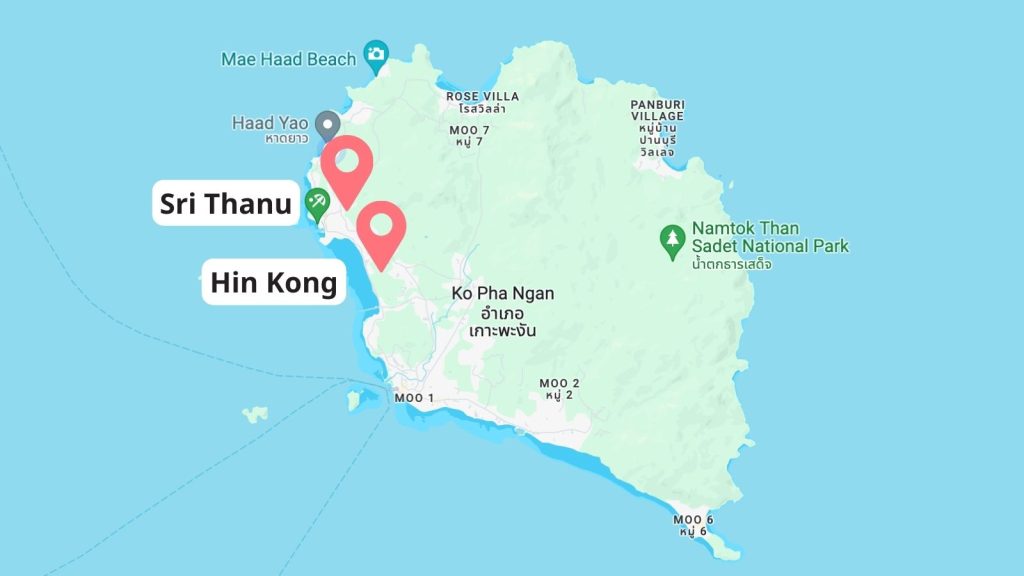 Map of Sri Thanu and Hin Kong, best areas in Koh Phangan for Families.