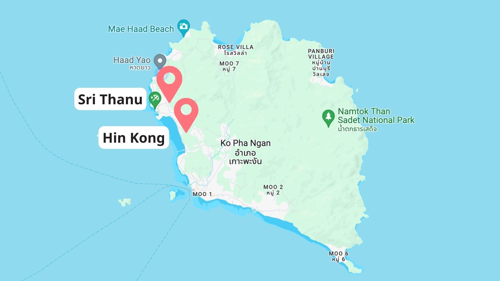 Map of Sri Thanu and Hin Kong, best areas in Koh Phangan for Families