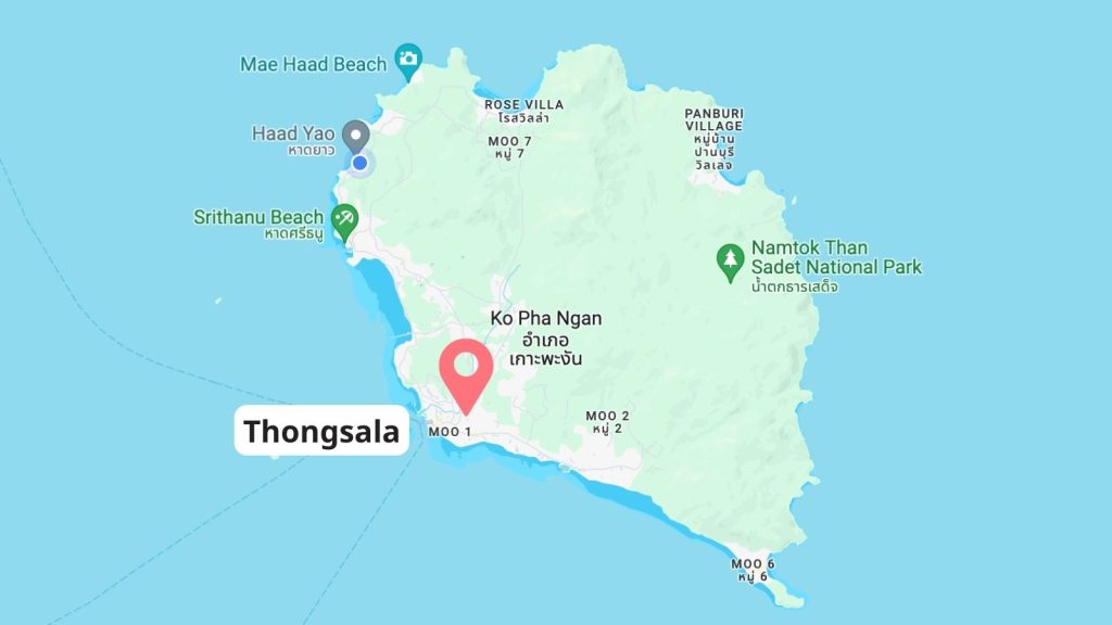 Map of Thongsala, Koh Phangan, Thailand; a great area for families with kids.