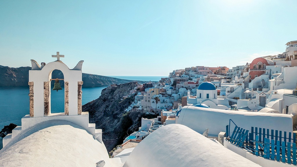 White buildings with blue rooftops