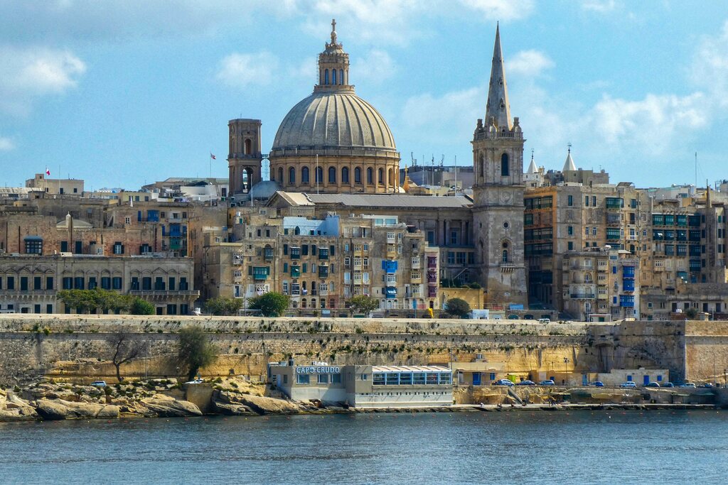 skyline of old mediterranean buildings with water in front, digital nomad visa malta