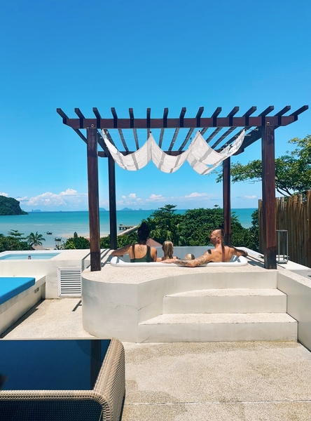 Rooftop whirlpool with view of the blue sea