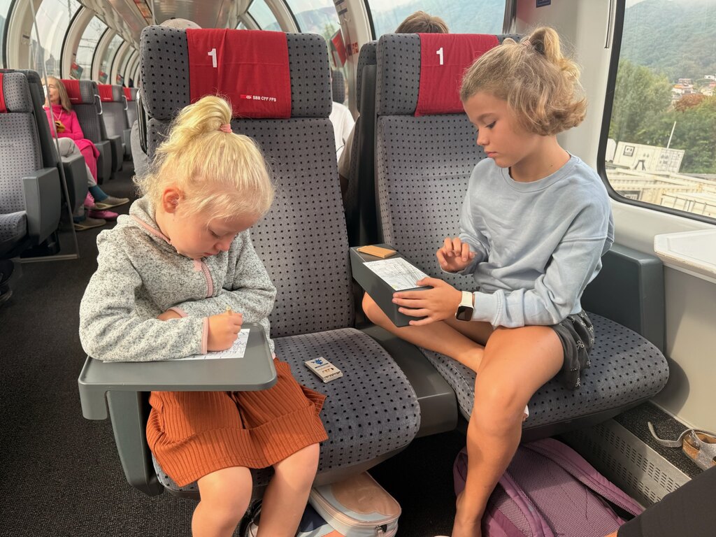 Two young girls travelling by train.
