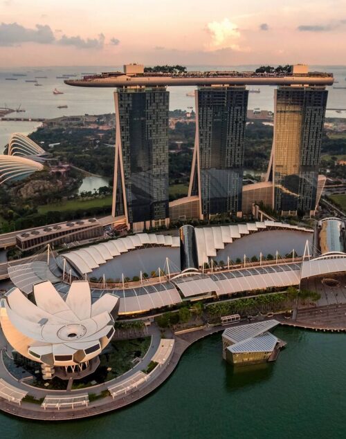 Singapore Skyline, Building with three towers, surrounded by water