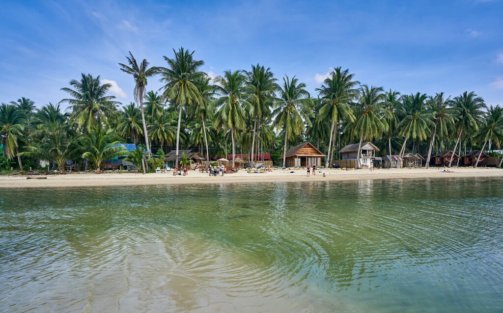 A serene beach on Koh Phangan, Thailand, lined with tall palm trees and rustic wooden bungalows, with calm green waters gently lapping the sandy shore.