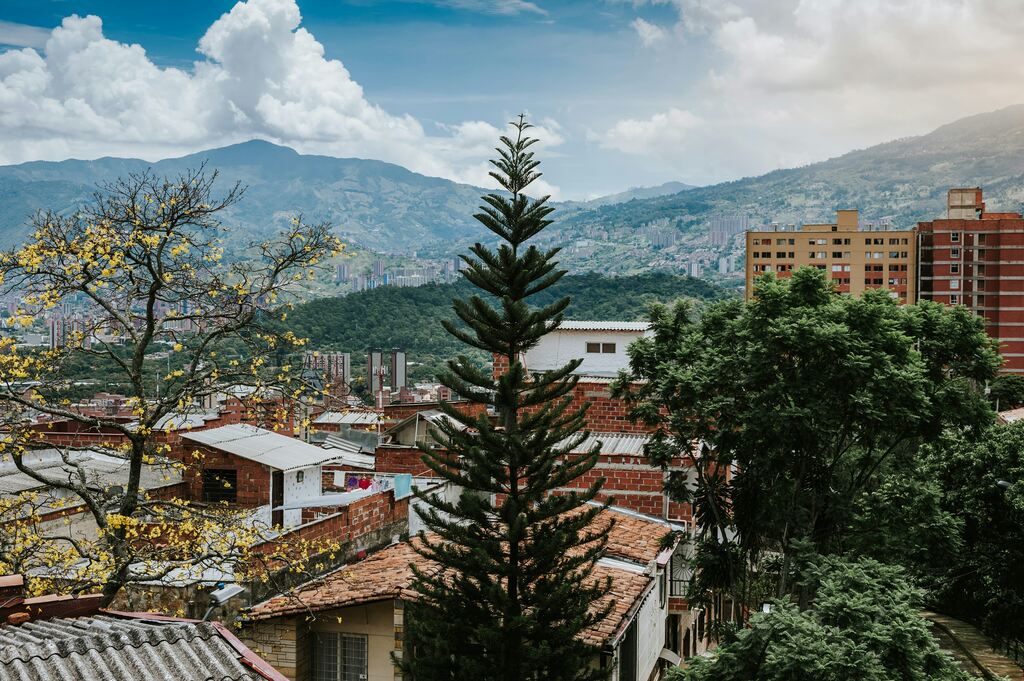 City in the mountains, surrounded by pine trees