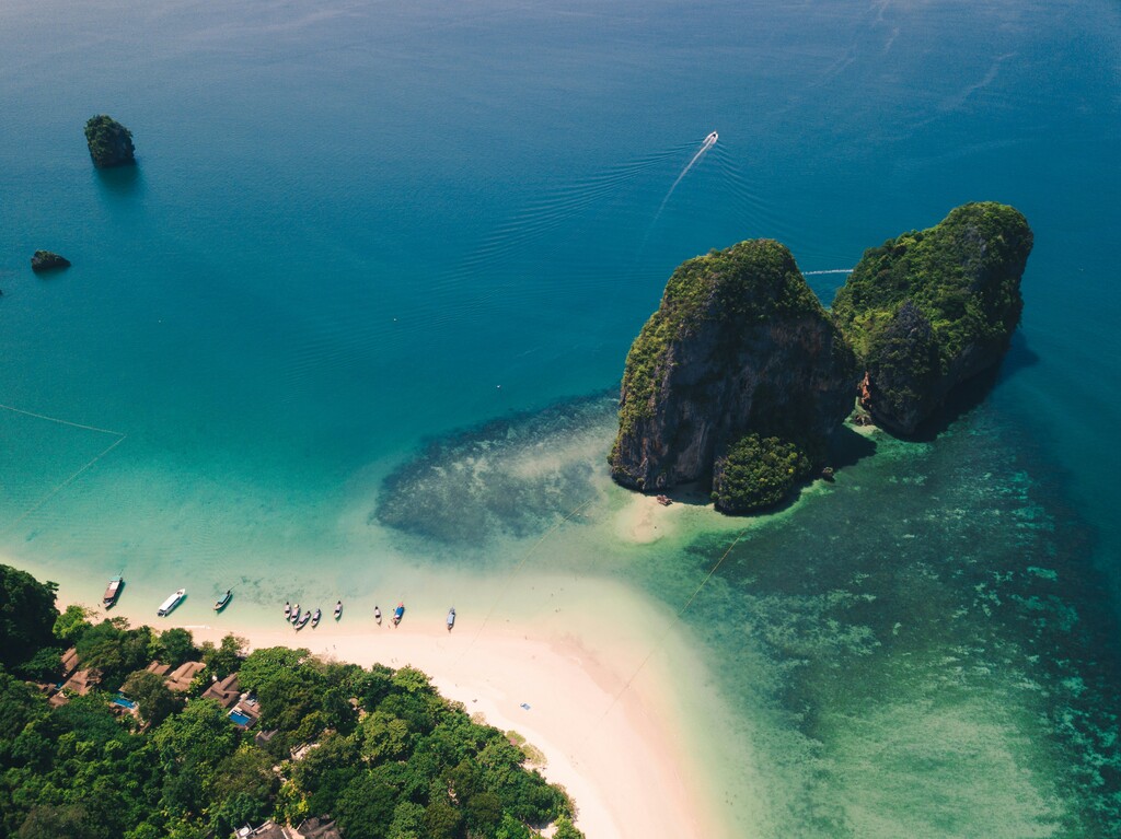 Tropical beach with clear blue water.
