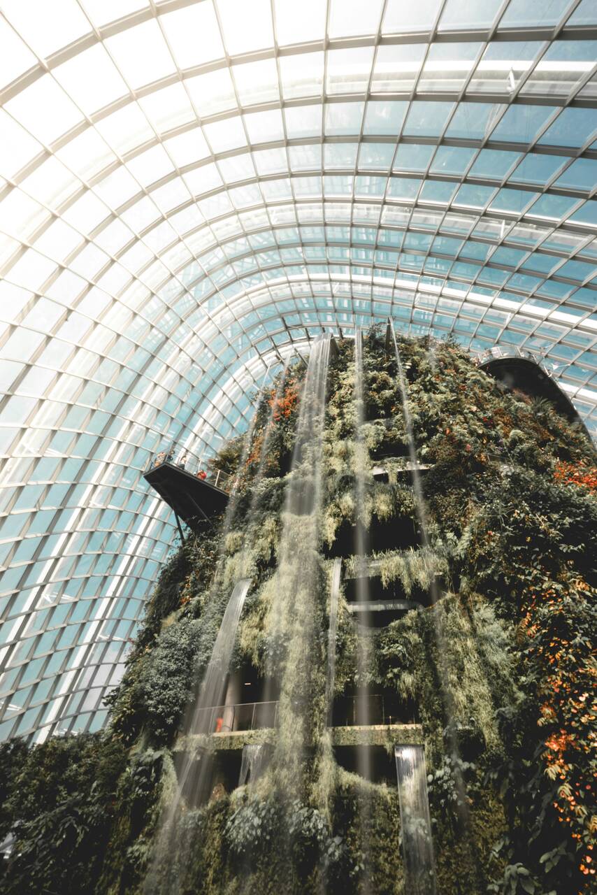 The towering indoor waterfall at the Cloud Forest Dome in Gardens by the Bay, Singapore, cascading down a lush, plant-covered mountain inside a large glass structure.