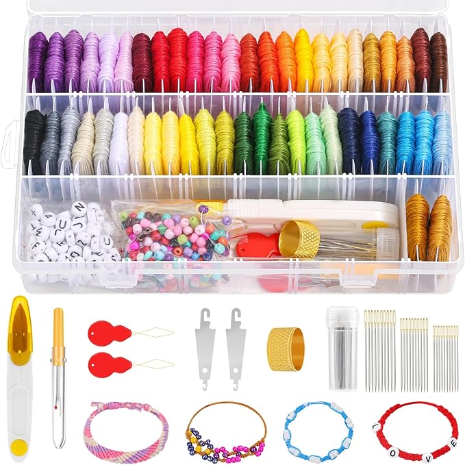 Box with threads and colorful beads.