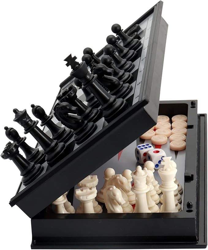 Black foldable chess board with figurines.