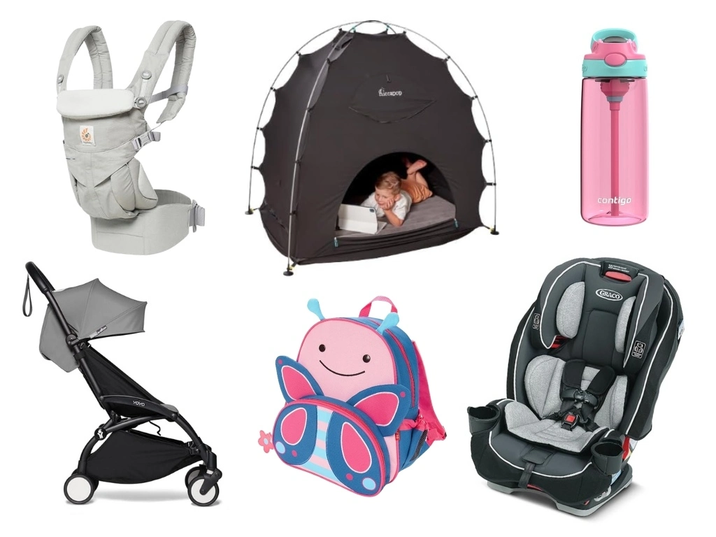 Collage of toddler travel items, like a Baby Carrier and a kids backpack