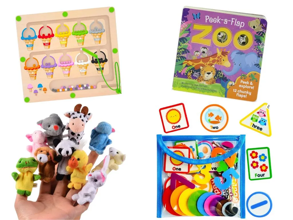 Travel Toys, finger puppets, peek-a-boo books, screen-free travel activities for kids