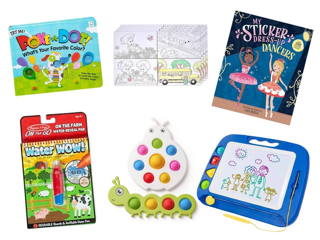 Kids activities toys in a collage, books, sticker books, magnet board. 