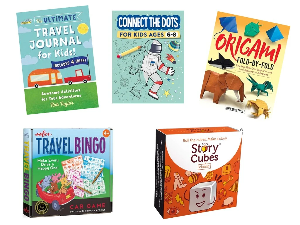 Travel Bingo toy, Story Cubes, Origami Book and Sudoku riddle book