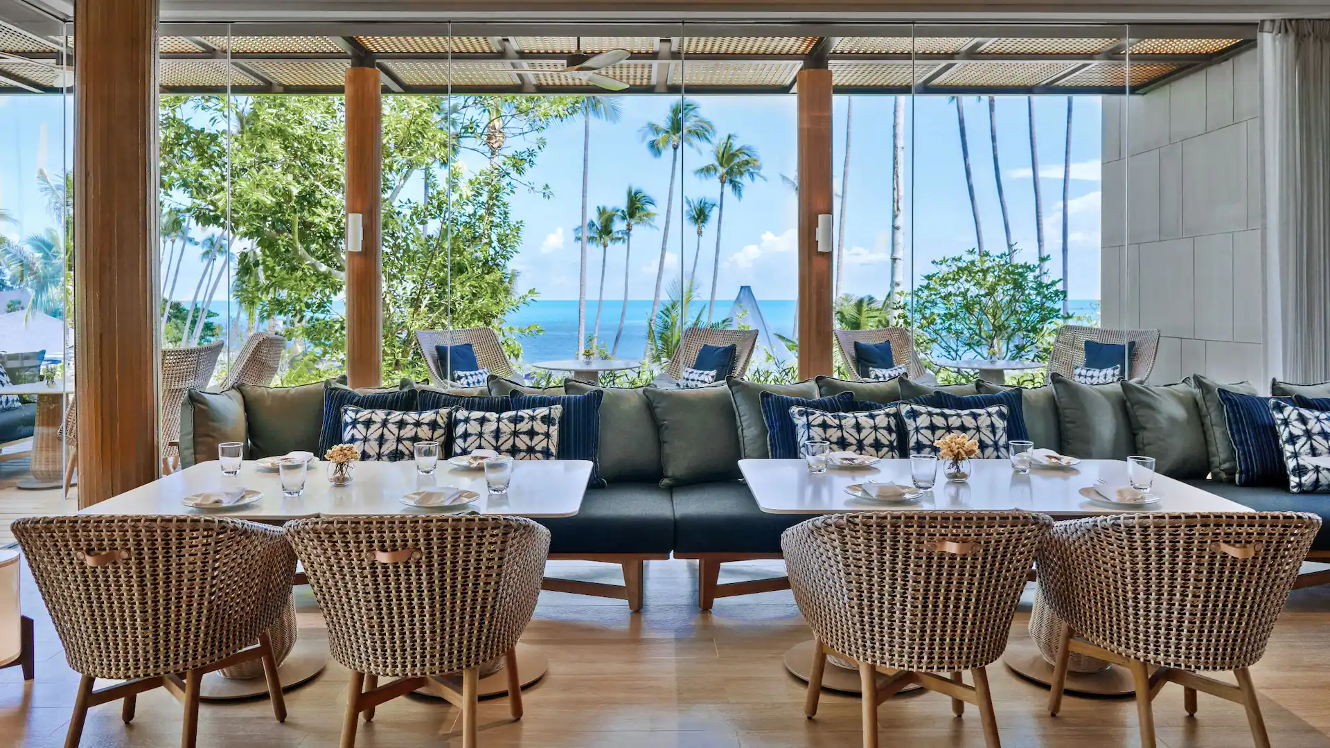 Cozy beach indoor seating area with seaview