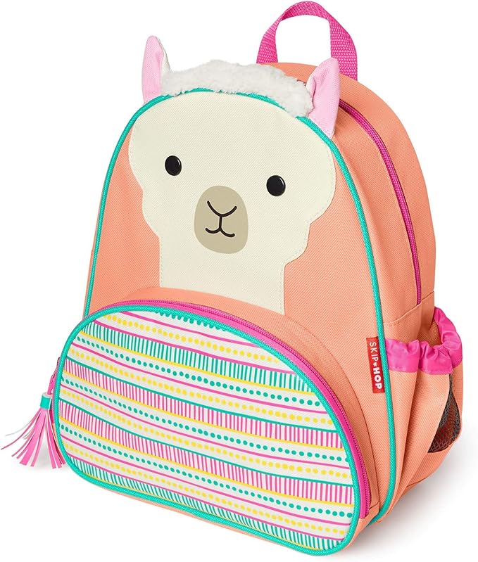 A llama backpack with a pink and white llama face.