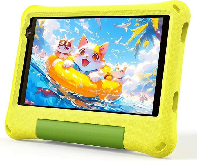 A yellow and green tablet with a yellow cover.
