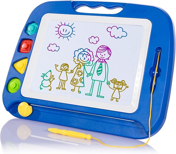 A blue and white board with a drawing on it.