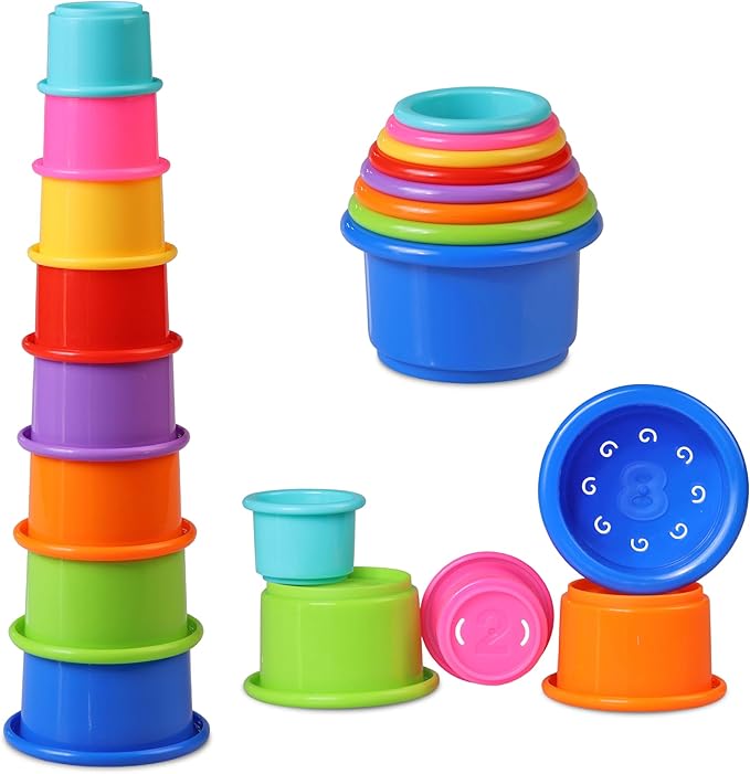A group of colorful cups, stacked on each other.