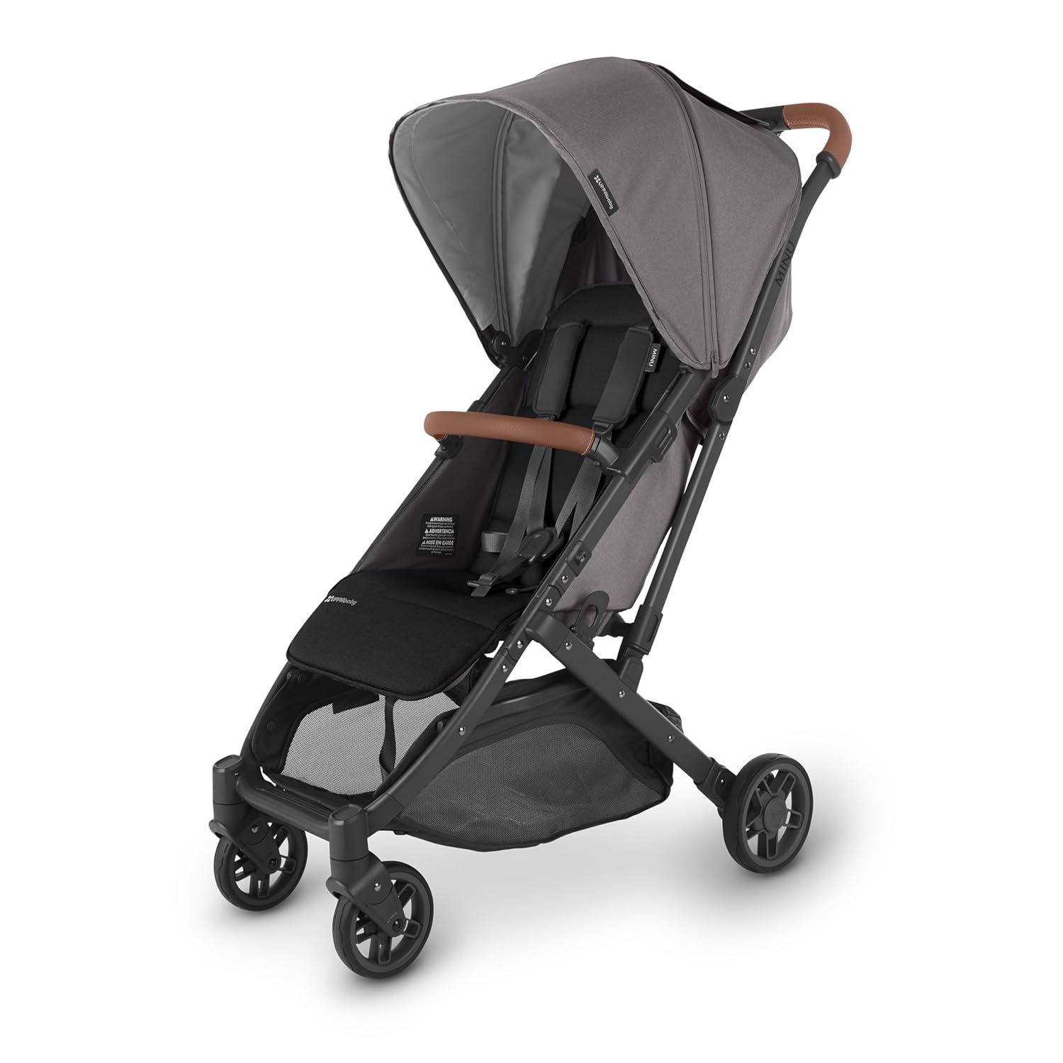 A grey and black stroller with brown handles.