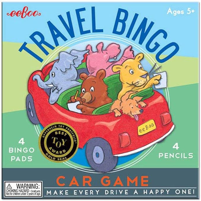 A book showing a car with comic animals sitting inside.