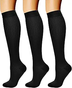 Three woman legs wearing black compression socks.