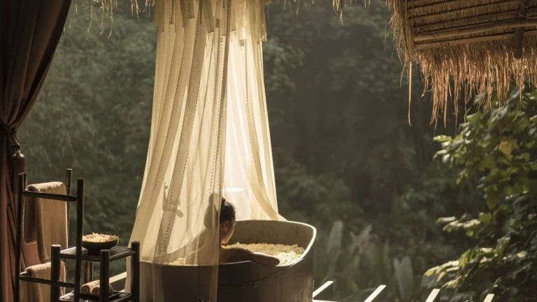 Woman sitting in an outdoor bathtub with jungle view