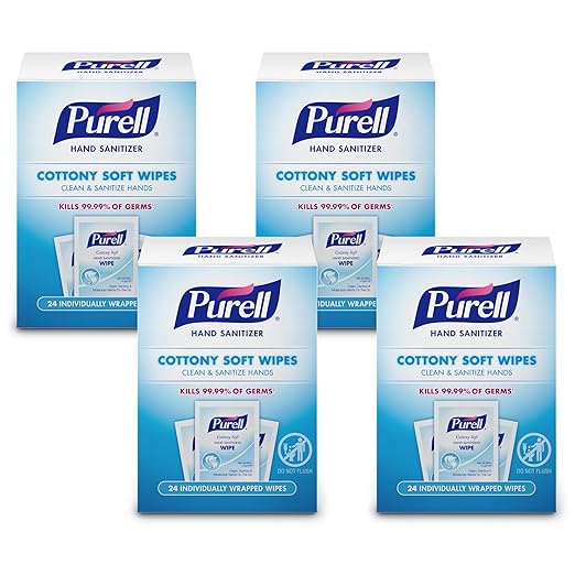 Four blue and whites boxes of hand sanitizer.