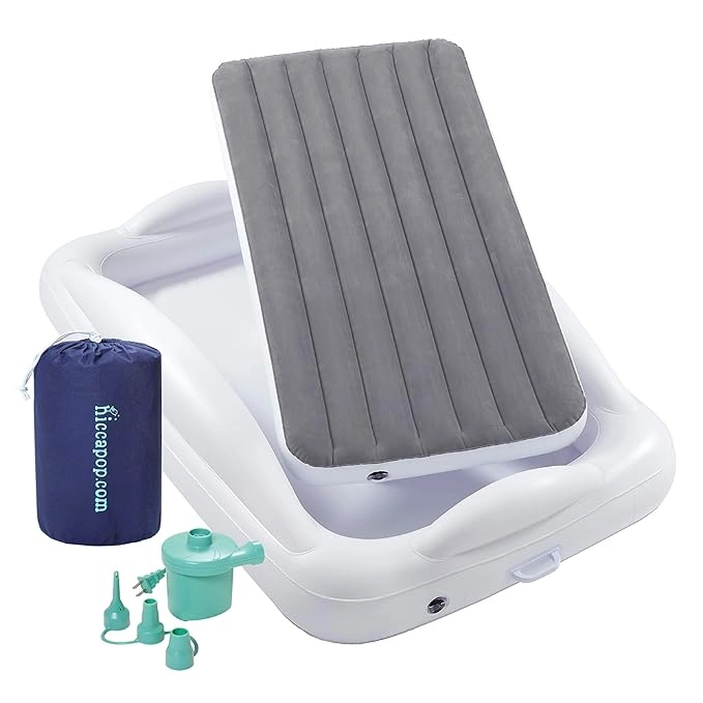 White Inflatable Toddler Travel Bed with a grey matress.